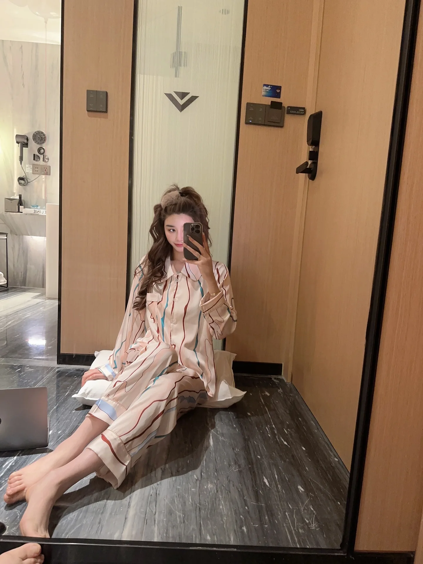 Korean Style Advanced Sexy Ice Silk Pajamas Women's Loose Drooping Ice Silk Home Wear Long Sleeve Sleepwear Women