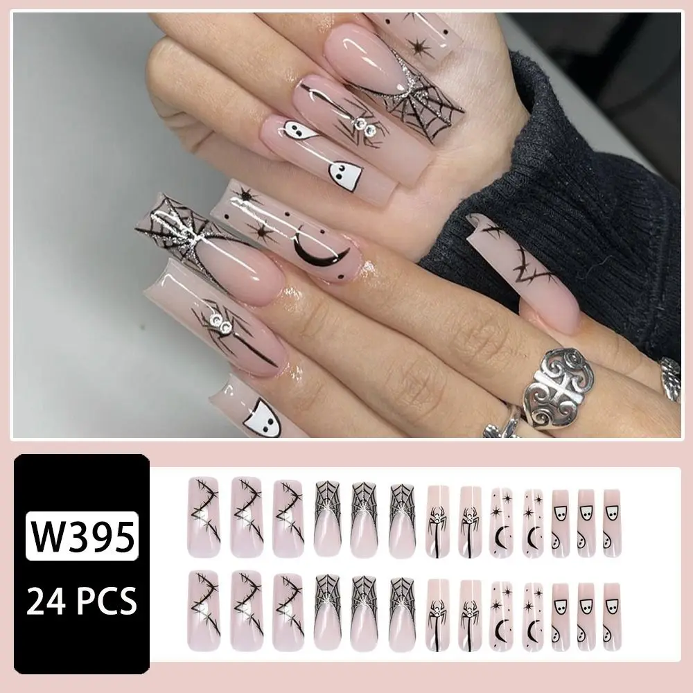 

Wearable Press on Nails Fashion Long Coffin Shaped Ghost Halloween Fake Nails Full Cover Spider Web Manicure Nail Tips