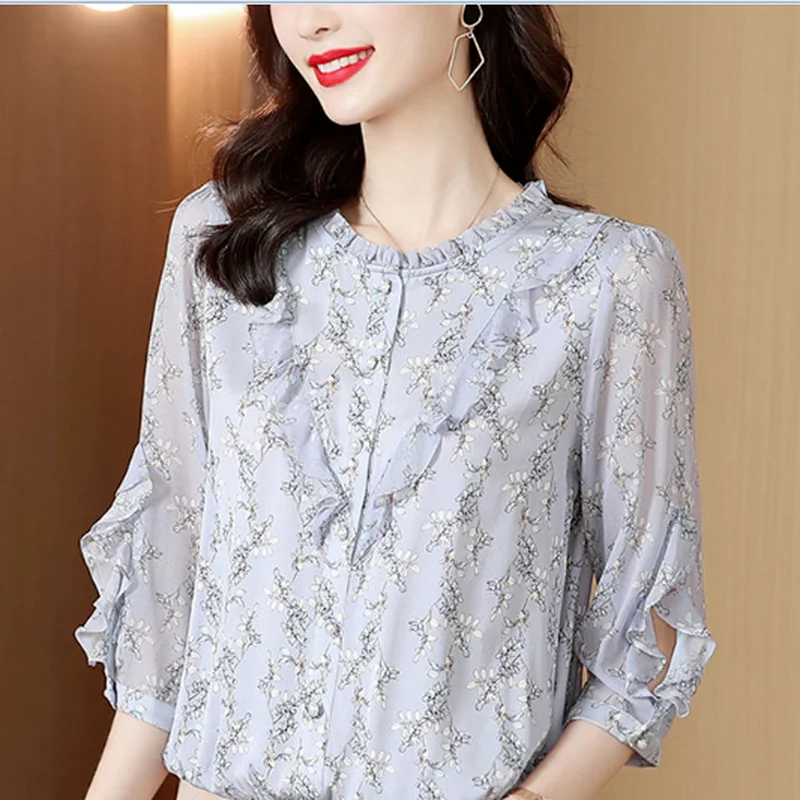 

Heavy real silk shirt female 2022 summer new seven -point sleeve wood ear embroidered Hangzhou high -end mulberry silk blouse