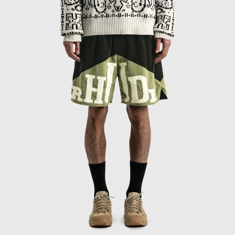 

Rhude retro lettered printed American high street Capris Marlboro two color patchwork drawstring men's and women's shorts