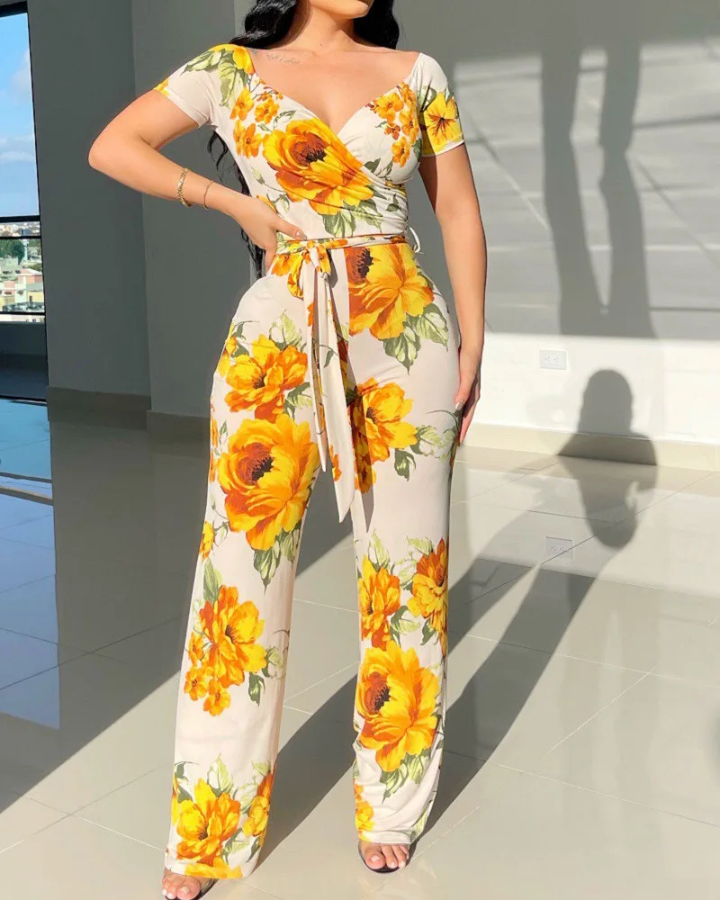 

Женский комбинезон с принтом подсолнухов, Летний комбинезон с V-образным вырезом, высокой талией и цветочным принтом, комбинезоны с коротким рукавом