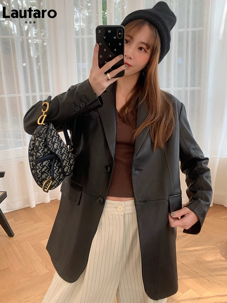 Lautaro весна осень свободный крой черный мягкий пиджак из искусственной кожи