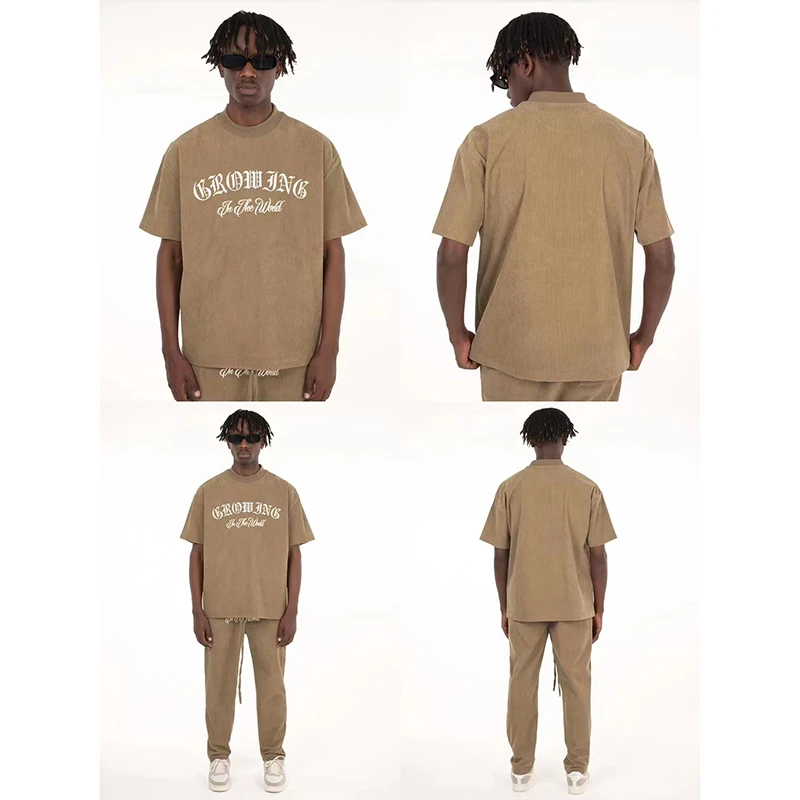 

Solid Color Letter Embroidery Couple Corduroy Pants Set O Neck Short Sleeve Summer Tshirts and Drawstring Casual Trousers