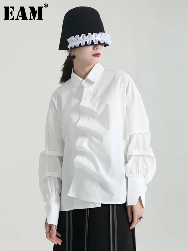 

[EAM] Women White Pleated Irregular Big Size Blouse New Lapel Long Sleeve Loose Fit Shirt Fashion Spring Autumn 2022 1DE6993