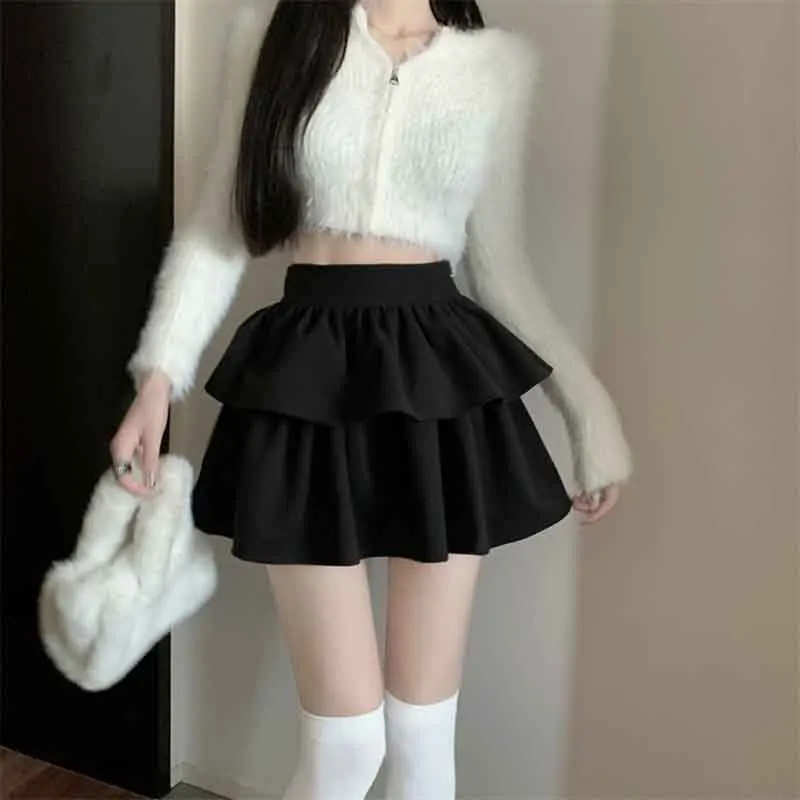 High Waist Slim A-line Cake Skirt Women Versatile Solid Color Sweet Black Fashion 2023 Autumn Winter New Elegant Short Skirts