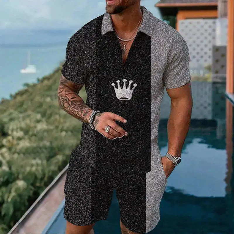 Summer Men Set Polo Shirt+Shorts Suit Short-sleeve V-neck Zipper t-shirts Streetwear Tracksuits 2 piece set Casual Men Clothes