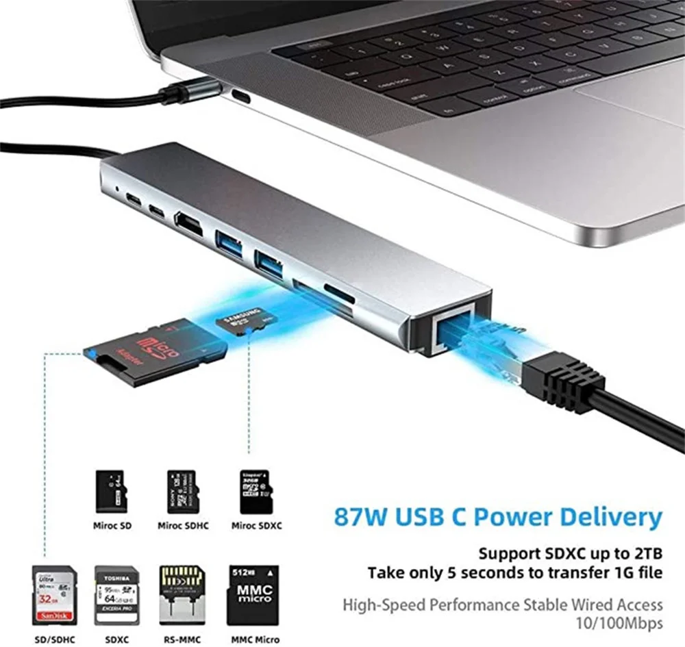 

USB C Hub for Macbook 8 In 1 Adapter PC PD Charge 8 Ports Dock Station RJ45 HDMI-Compatible TF/SD Card Macbook Type-C Splitter
