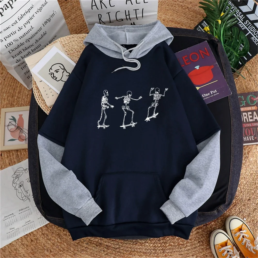 

Skeleton fake two piece Hoodes sweathirt funny Unisex Kpop Korean stitching hoodied