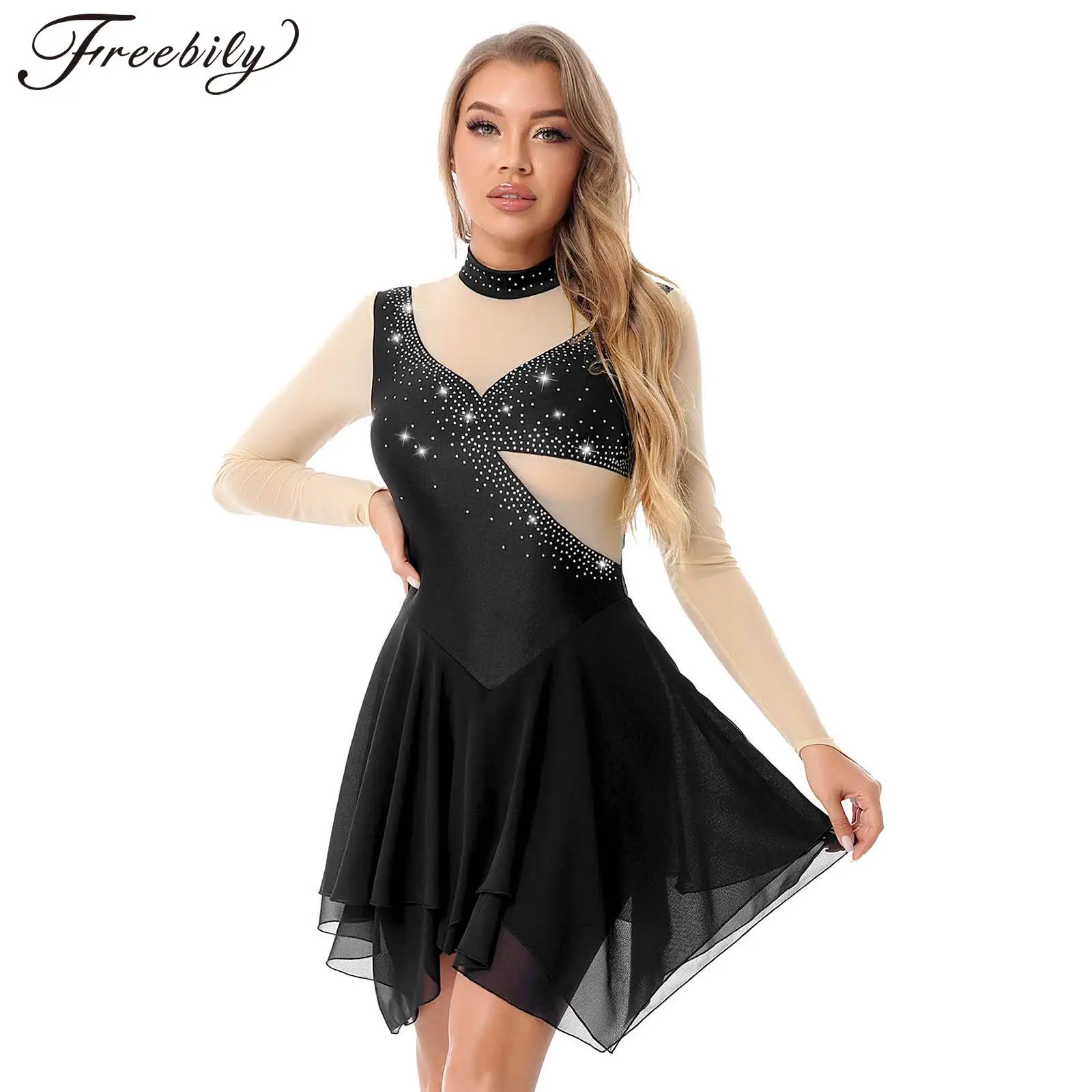 

Women Sparkly Rhinestone Figure Skating Dress Sheer Mesh Patchwork Long Sleeve Ballet Leotard Dance Dress Performance Dancewear