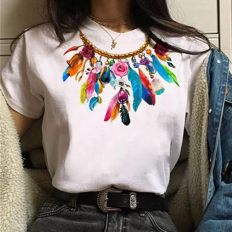

Women T Shirt Beautiful Dreamcatcher Print Tops Tee Female Summer White T-shirt 90s Girls Cute Graphic Women Tee Shirs