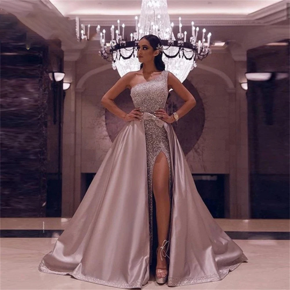 

Модные платья на одно плечо для выпускного а-силуэта без рукавов со шлейфом с Боковым Разрезом Вечернее платье с блестками длинное платье для женского вечернего платья