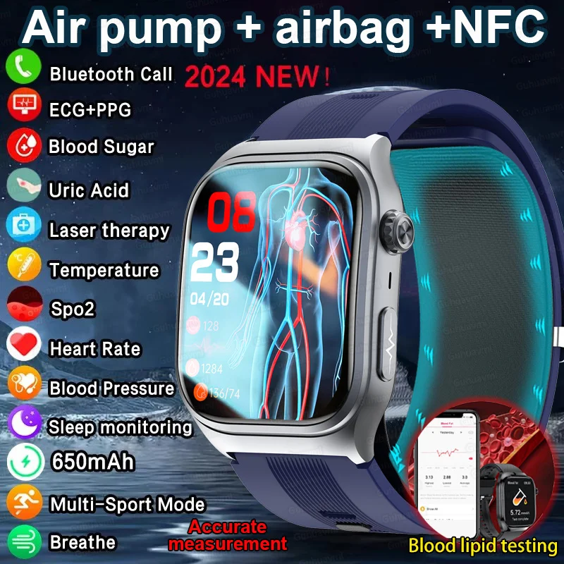 Фото 2025 Новый медицинский воздушный насос Airbag ЭКГ + PPG Смарт-часы Мужчины Женщины Артериальное давление Глюкоза Сердечный ритм Bluetooth Браслет для вызова №1