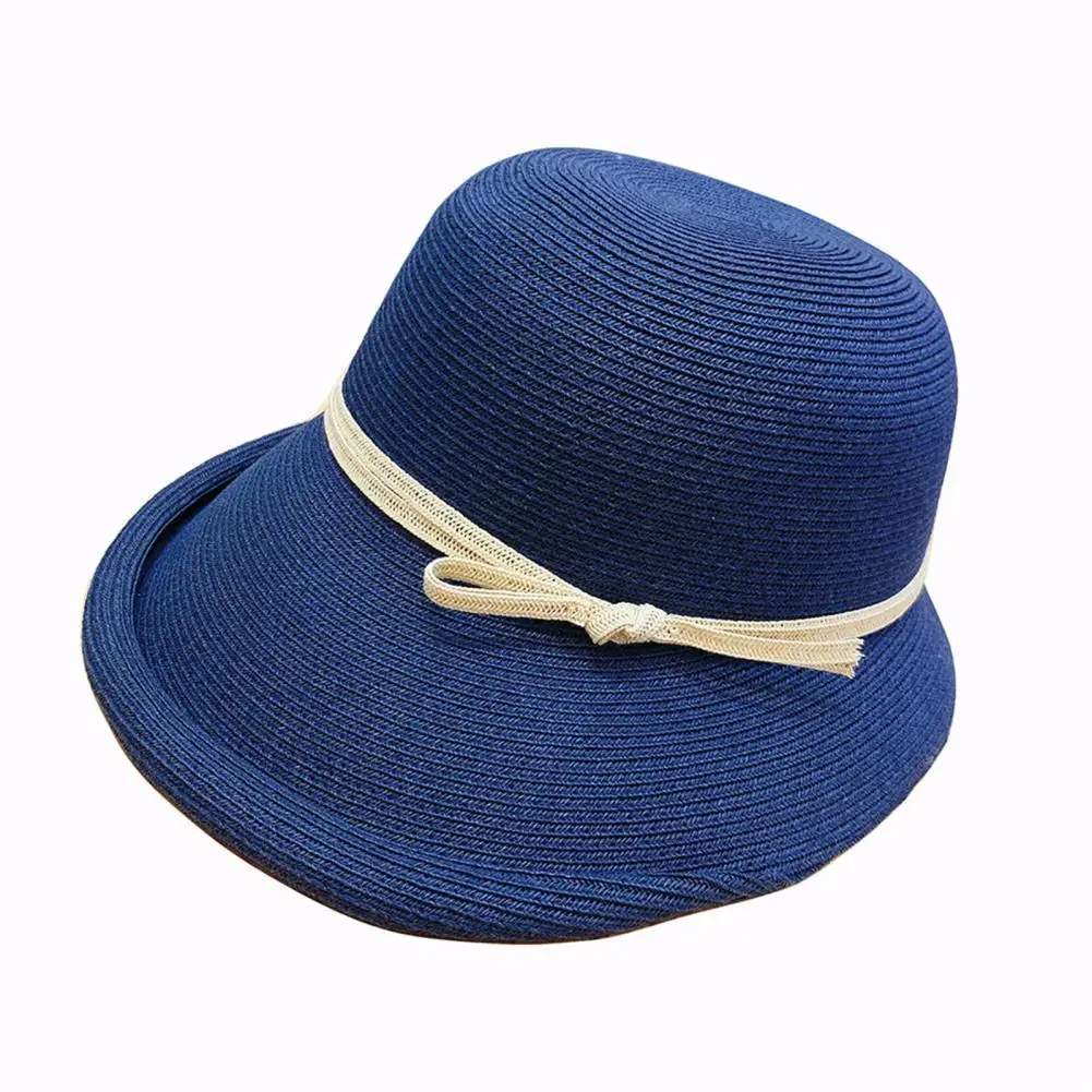 Chapéu de sol feminino cor sólida corda decoração dobrável curled borda pára-sol borda curta senhora pescador chapéu balde chapéu
