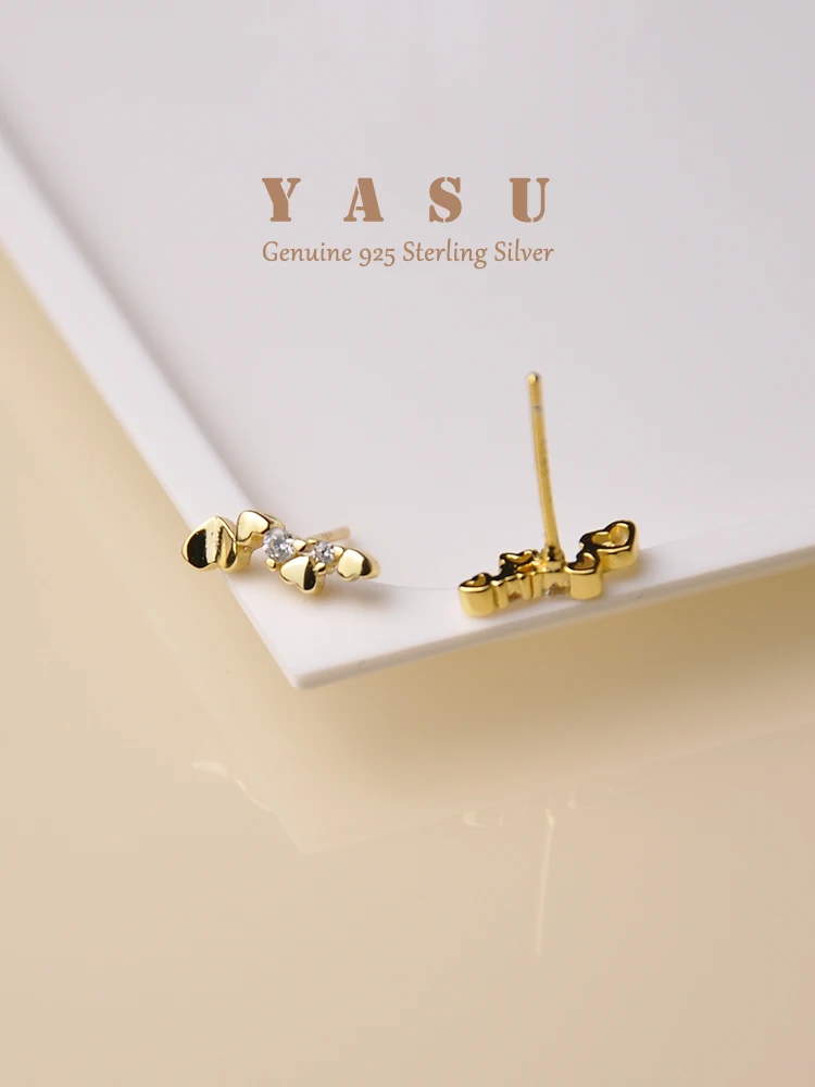 

925 Sterling Silver Earrings 14K Gold Plated Simple Heart-Shaped Stud Earrings For Women Paved Crystal Korean Party Fine Jewelry