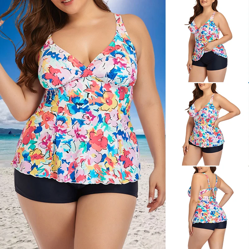 

Women Plus Size Two Piece Swimsuits with Floral Print Sling Bathing Suit for Summer Beach MC889