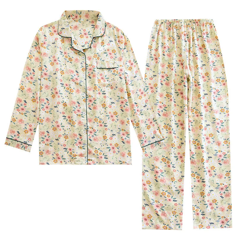 Women Pajamas Set 100% Viscose Flower Print Elegant Pyjamas For Lady Button Closure Sleepwear Homewear Rayon Cotton pjs
