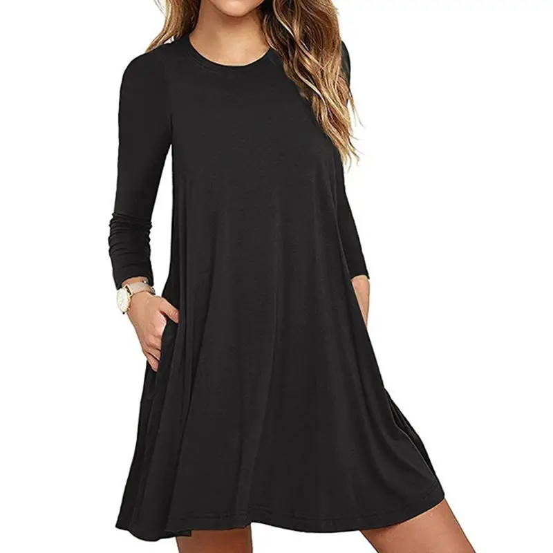 

Womens Autumn Long Sleeve Round Neck Plain T-Shirt Dress Solid Color Pleated Swing Casual Loose Pullover Streetwear with Pockets