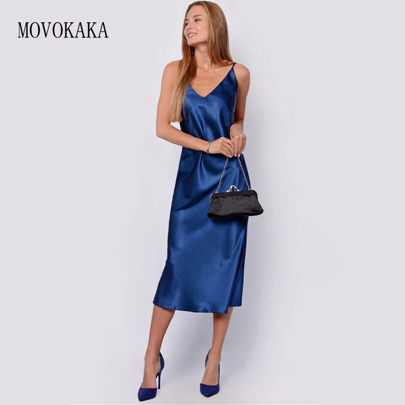 

MOVOKAKA Fashion Women Summer Silk Dress Slim Fit Sexy Night Club Desses V-Neck Sling Solid Color Smooth Satin Silk Nightdress