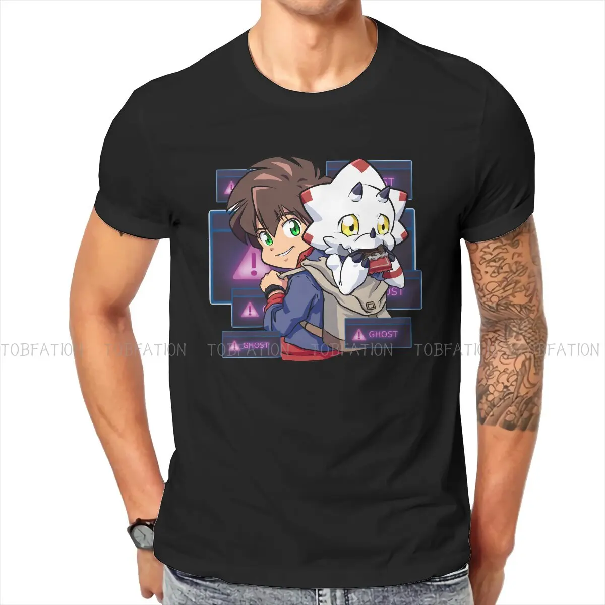 

Digital Monster Manga Newest TShirt for Men Hiro and Gammamon Classic Round Neck Pure Cotton T Shirt Distinctive Birthday Gifts