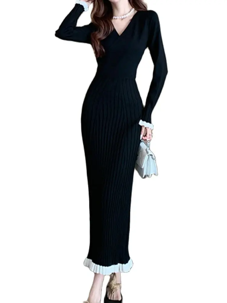 

Элегантная трикотажная юбка с v-образным вырезом и длинными рукавами, облегающее платье в стиле хип-хоп 2022, осенняя Новая модная женская оде...