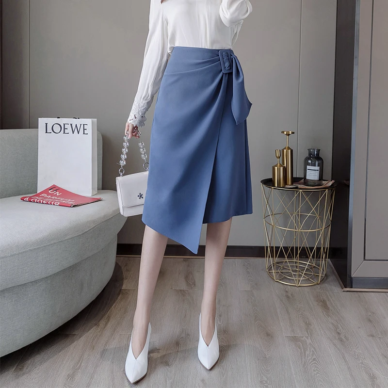 

2021 Spring New Women Elegant Lace-up Irregular Blue Midi Skirts High Waist Slit OL Package Hip Skirt Summer Ladies Streetwear