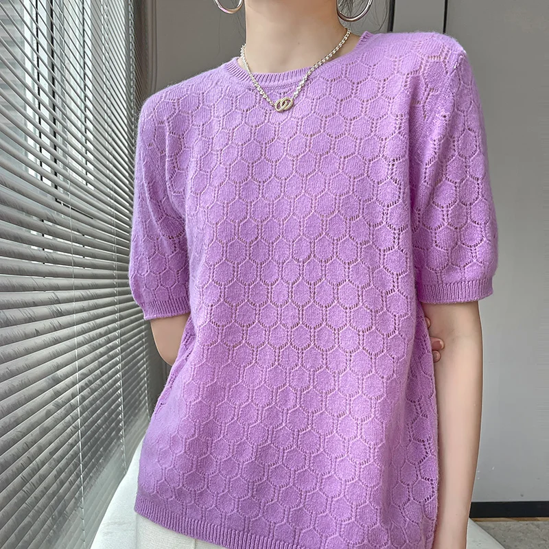 100% чистый свитер женский ажурный с коротким рукавом свободный футболка