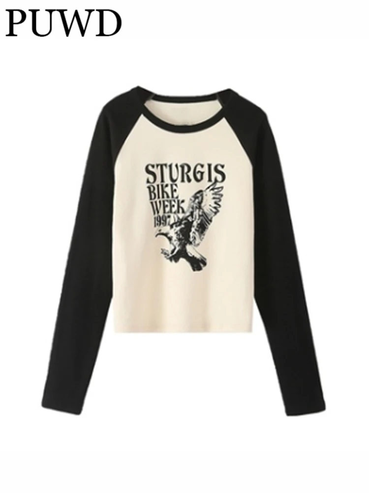 

Женская трикотажная футболка с длинным рукавом, круглым вырезом и принтом