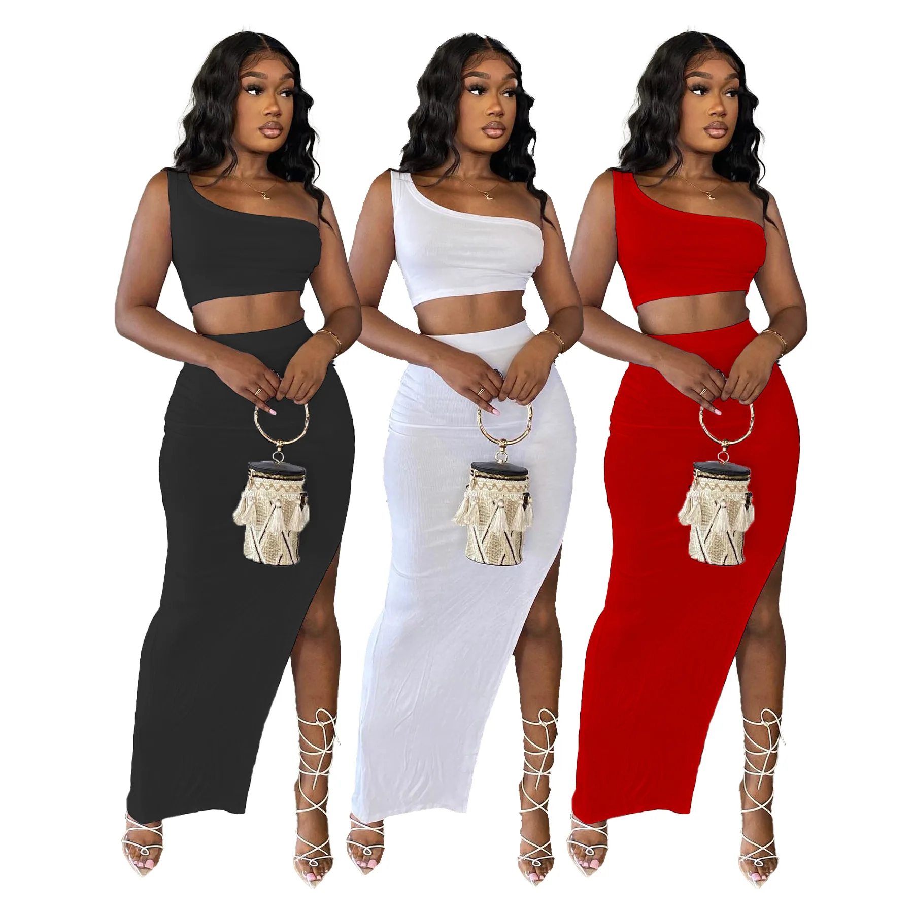 

Sexy Knitted One Shoulder Skirt Sets 2 Pieces Club Outfits Women Sleeveless Crop Top and High Split Long Skirts Party Clubwear