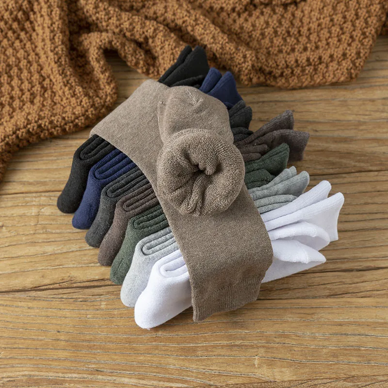Winter Thickened Pure Cotton Men's Socks Plus Size Harajuku Retro Business Warm Men's Solid Color Long Socks 5 Pair