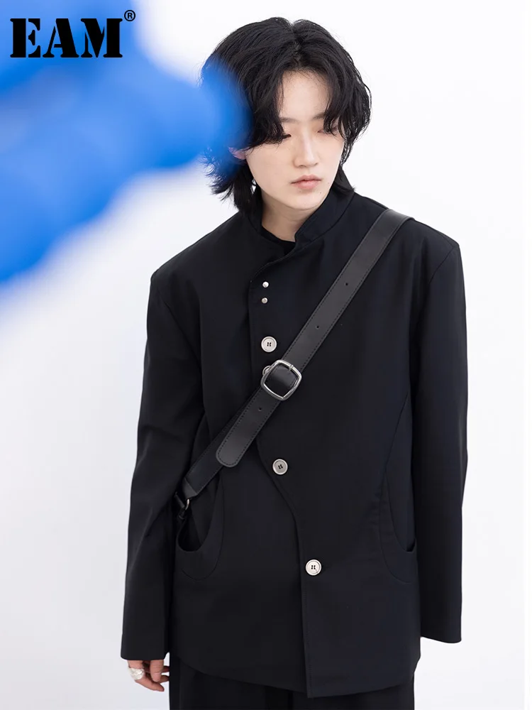 

Женский Асимметричный Блейзер [EAM], черный блейзер большого размера на пуговицах с воротником-стойкой, модная куртка с длинными рукавами, весна-лето 2023, 1DF3670