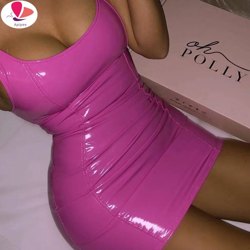 

Пикантное облегающее женское платье из искусственной кожи, розовое платье-футляр без рукавов с U-образным вырезом, пикантное Клубное платье, короткие платья