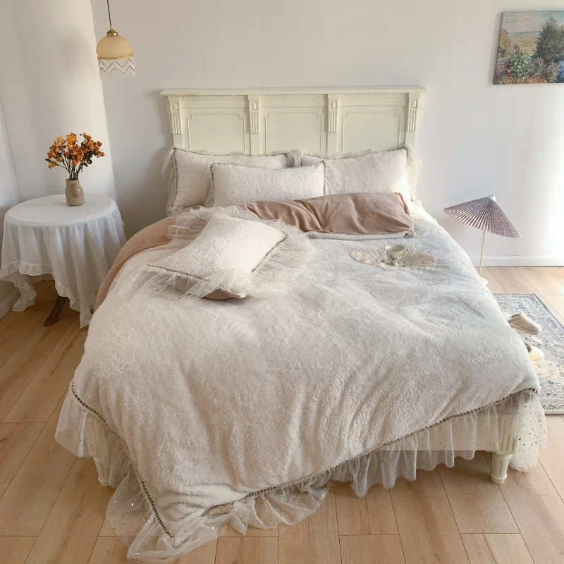 

Luxury Princess Star Lace Bedding Set Berber Fleece+Velvet Shaggy Warm Duvet Quilt Cover Bed Linen Pillowcases Bedclothes
