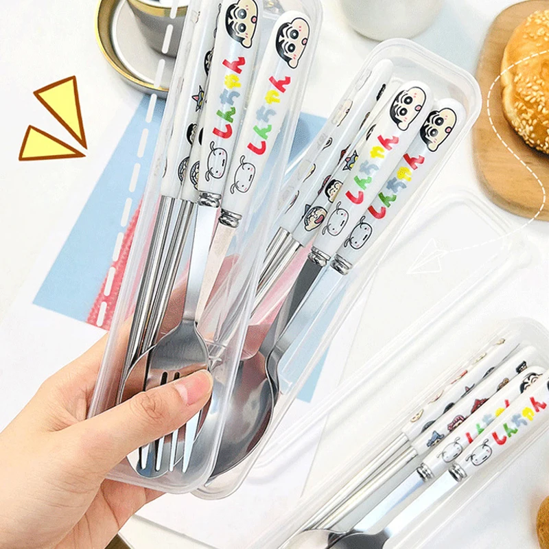 

Stainless Steel Cutlery Set Cartoon Anime Crayon Shinchan Student Lunch Portable Chopsticks Spoon Fork Household Three-piece Set