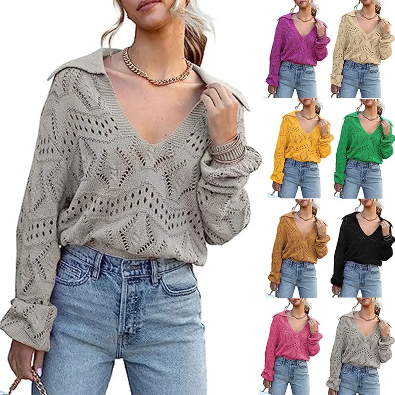 

Женский модный пикантный свитер с глубоким V-образным вырезом, Осенние повседневные свободные однотонные вязаные женские свитера с длинным рукавом и вырезами, подходящие ко всему, 2023