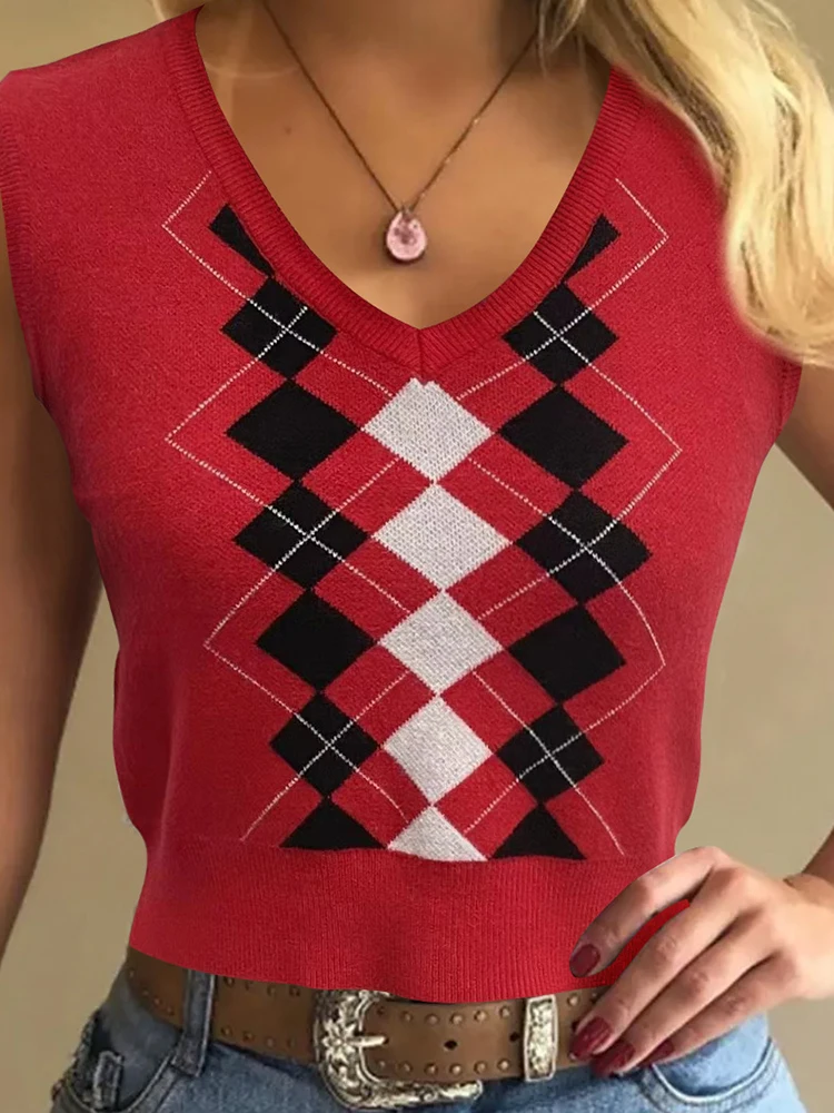 

Women Sexy Deep V Neck Sweater Pullover Summer Elegant Jacquard Knit Tank Blusa Casual Sleeveless Knitted Blouse Streetwear 2022