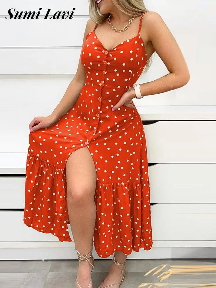 

Ladies Elegant Sleeveless Cardigan Dress Fashion Sling V Neck Bodycon Long Dress Summer Polka Dot Print Single-breasted Dresses