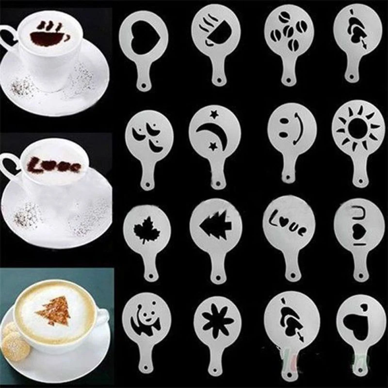 

16PCS Cappuccino Mold Fancy Coffee Printing Model Cake Stencils Powdered Sugar Chocolate Cocoa Coffee Printing Assembly Tools
