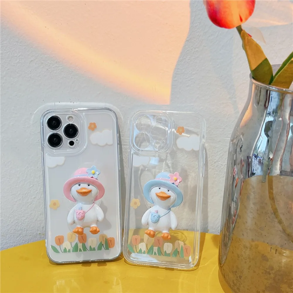 

Clear Cute Flowers Duck Folding Stand Female Soft Case For Iphone 11 12 13 Pro Max 7 8 6 Plus Xr X Xs Se Anti-drop Cover Fundas