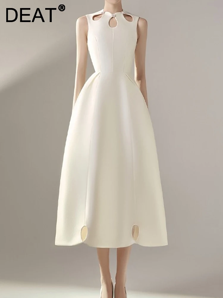 

DEAT Women's Evening Dress Round Collar Sleeveless Hollow Out Spliced Diamond Zipper Fashion Dresses Summer 2023 New 13DB1530