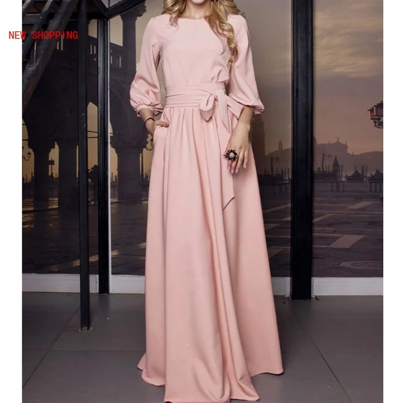 

Robe Femme Elegant Party Dress Women Lantern Sleeve O Neck Sashes Solid Dress 2021 New Autumn Maxi Long Dress vestidos de fiesta