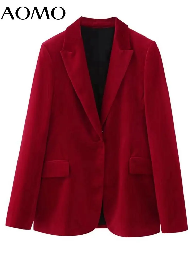 

AOMO 2022 Women Red Velvet Blazer Coat Vintage Long Sleeve Pockets Female Work Suit BE23A