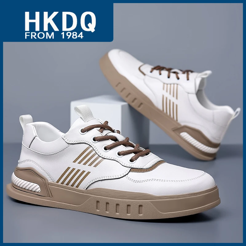 

HKDQ High Quality Leather Casual Shoes Men Breathable Anti-slip Men's Skateboard Shoes Fashion White Comfort Male Driving Shoes