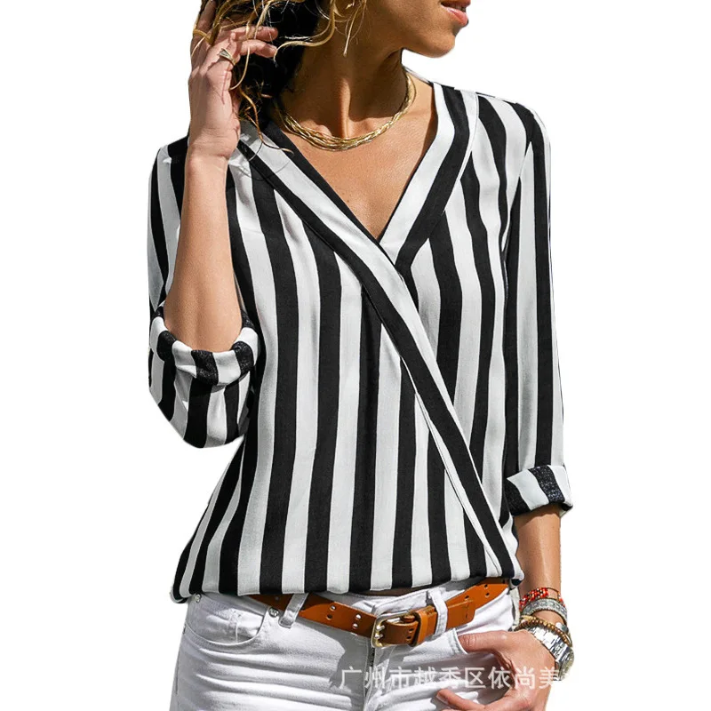 

New Blouse Women Casual Striped Top Shirts Blouses Female Loose Blusas Autumn Fall Casual Ladies Office Blouses V Neck Top