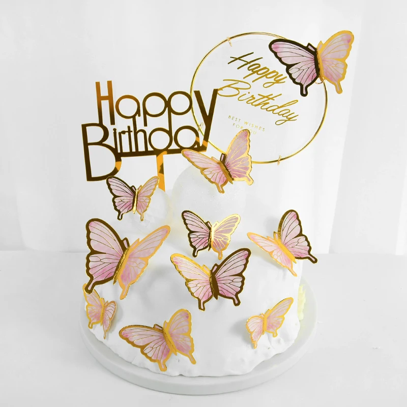 

Happy Birthday Butterfly Cake Topper Baby Shower Princess Girl Wedding 3D Butterfly Dessert Cake Decoration Home Baking Supplies