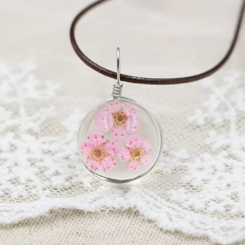 

New Handmade Dry Flower Necklace dome Glass Pendant Leather chain Bohemian long statement necklace jewelry