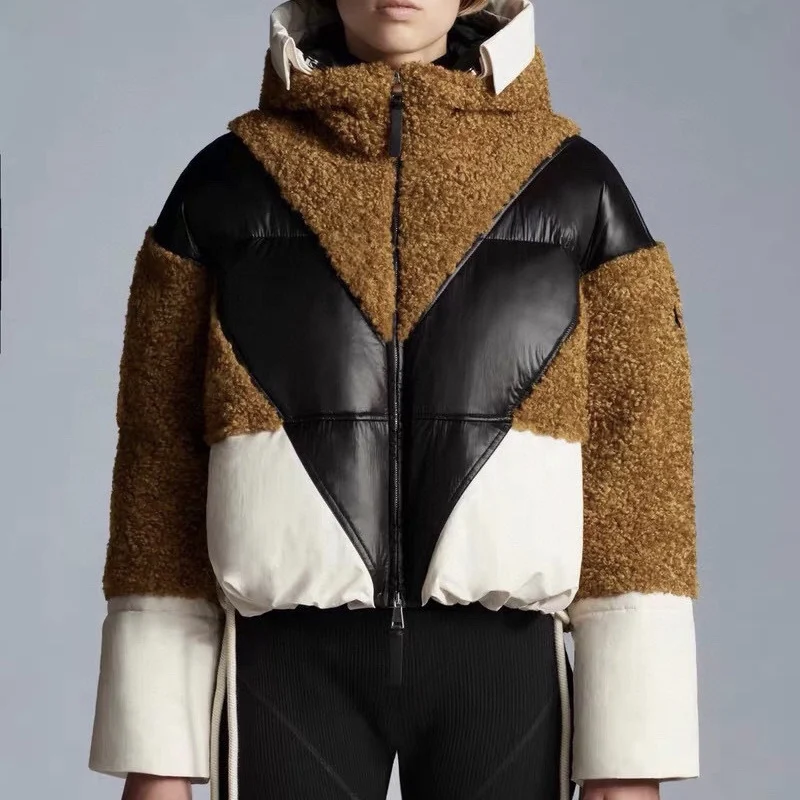 

Autumn and winter temperament fashion new products contrast color stitching plush thick hooded down jacket warm jacket women