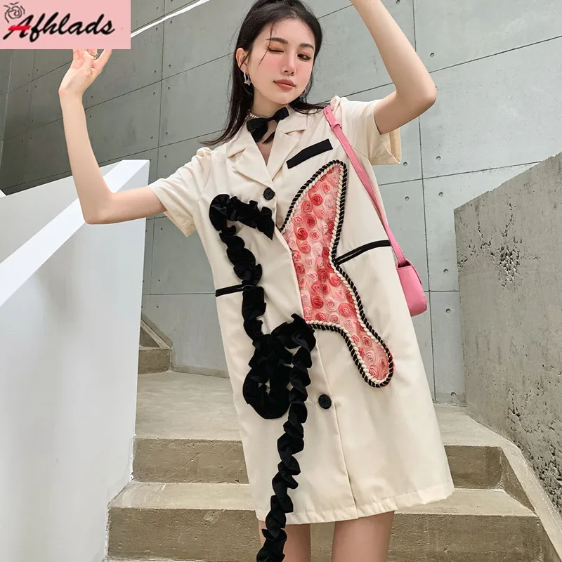 

Patchwork Contrast Color Short Sleeve Ruffle Floral Women's Clothing Summer Asymmetric Single Breasted Turn-Down Collar Dress