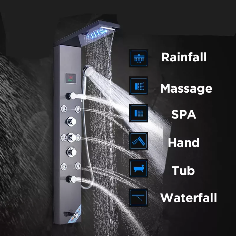 

Black Stainless Steel Rain Waterfall Shower Panel Wall Mounted SPA Massage System Shower Column Kit with Jets