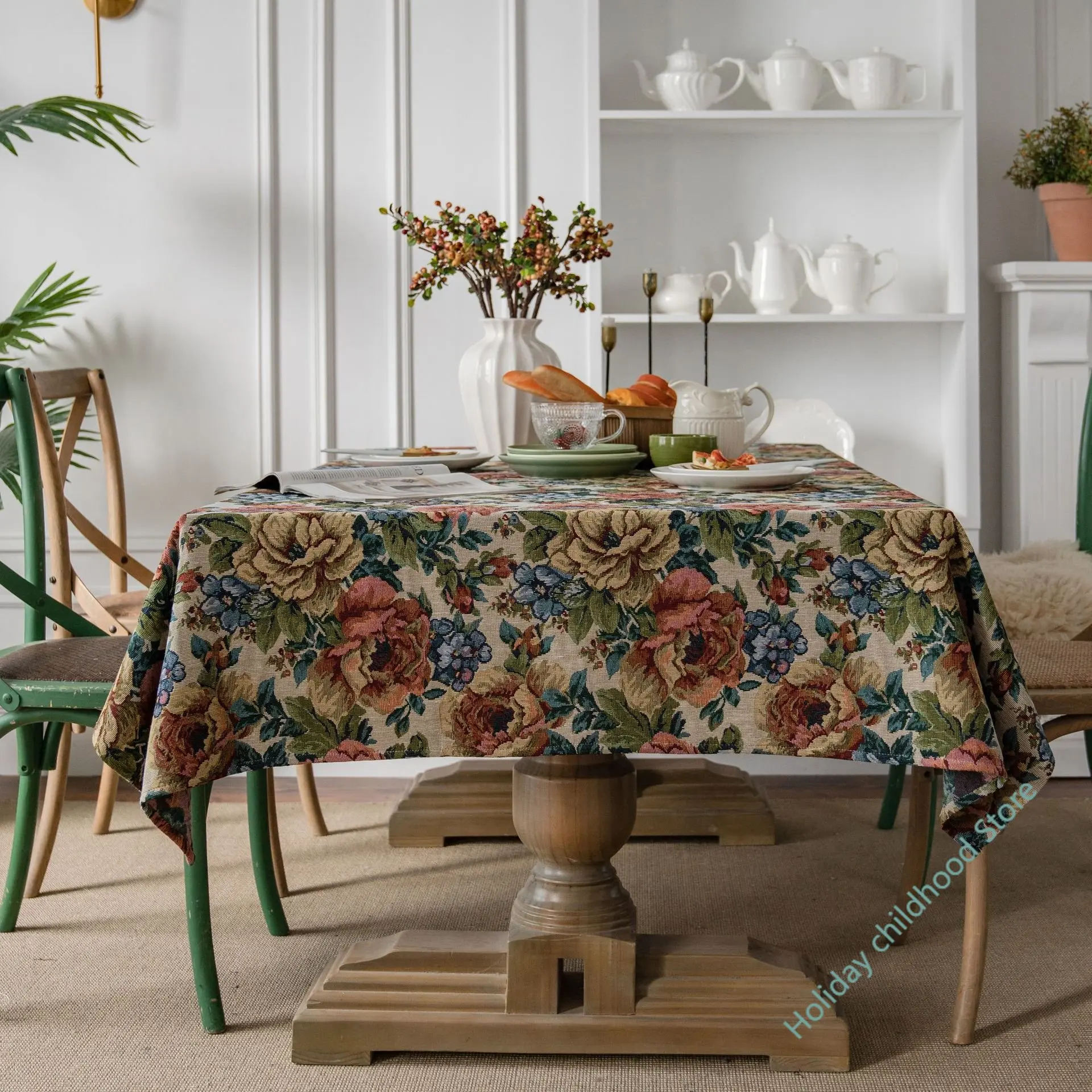

American Tablecloth Jacquard Oil Painting Table Cover Thick Bue Flowers Rectangular Wedding Dining Table Cover Tea Table Cloth