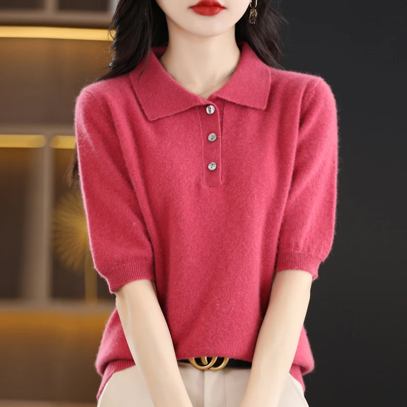 

100% Merino Wool Short Sleeve Women's Solid Color 2023 Spring And Summer New Lapel Half Sleeve T-shirt Short Shirt Fashion Top..